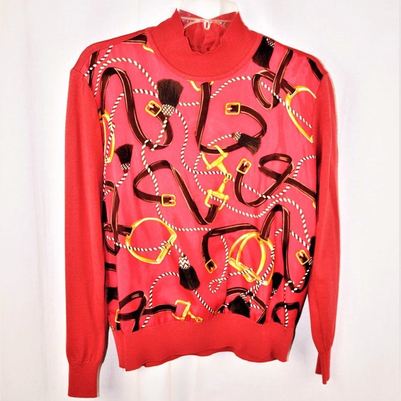 CELINE Vintage Rust Equestrian/Horse Bit Print Wool Silk Mock Turtleneck  - 42 - Picture 1 of 5